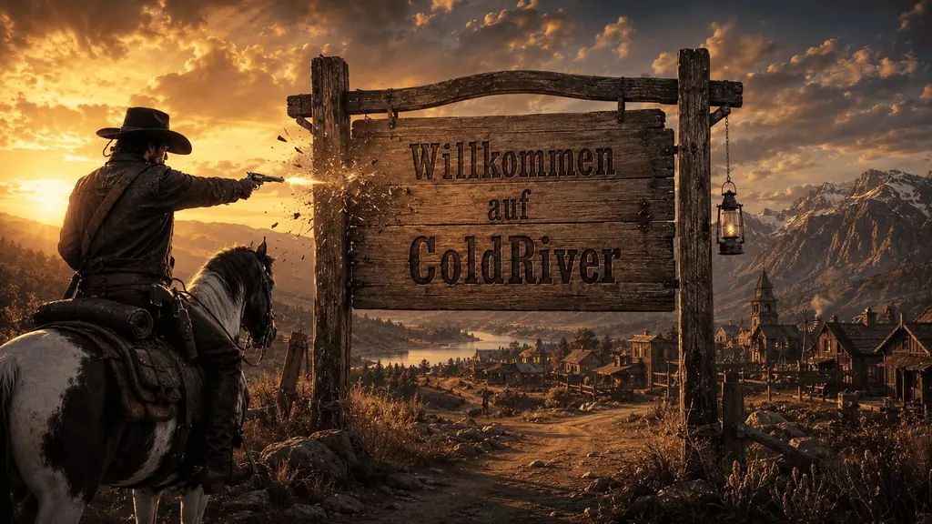 Ein Reiter vor dem Holzschild „Willkommen auf ColdRiver“, dahinter eine Stadt am Fluss im Abendlicht