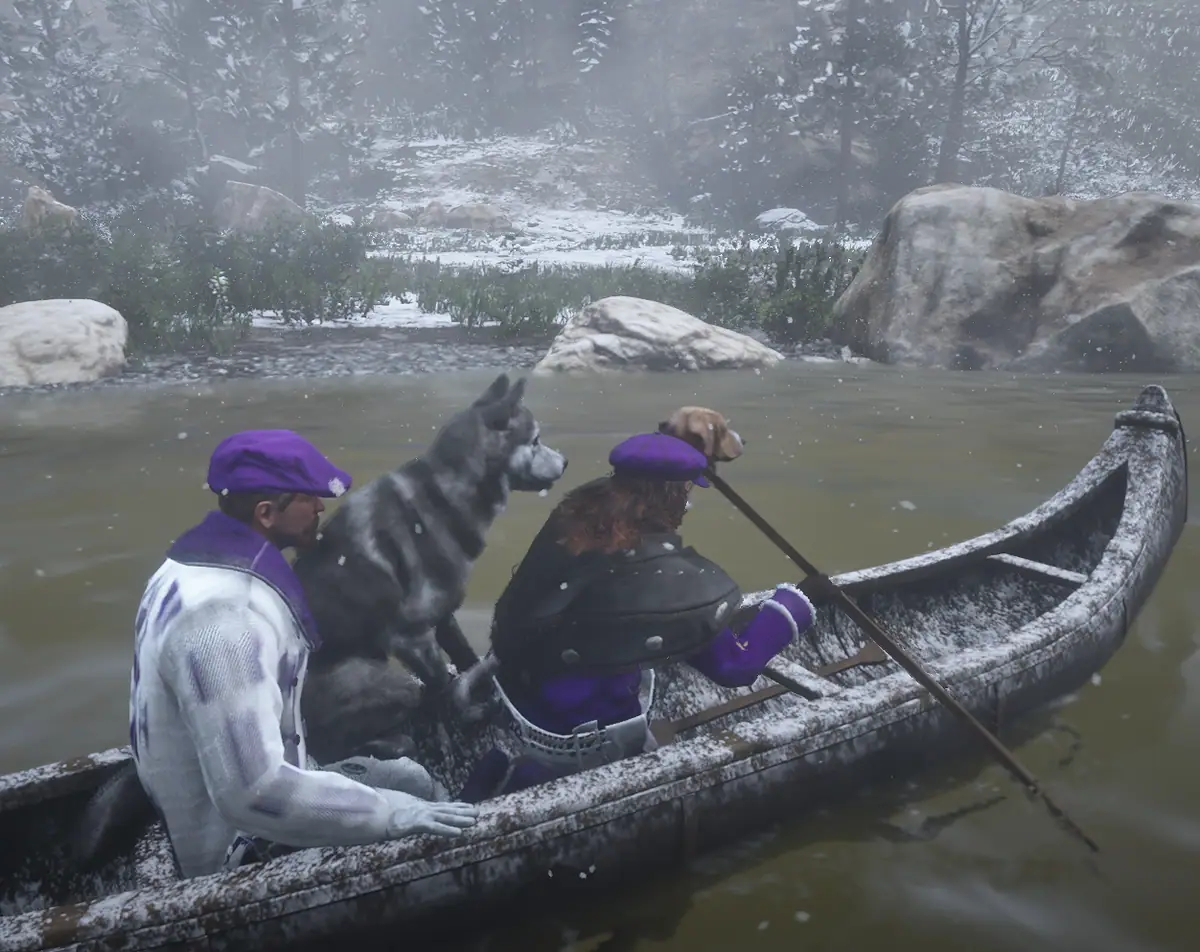 Kanufahrt mit Hund über einen verschneiten Fluss